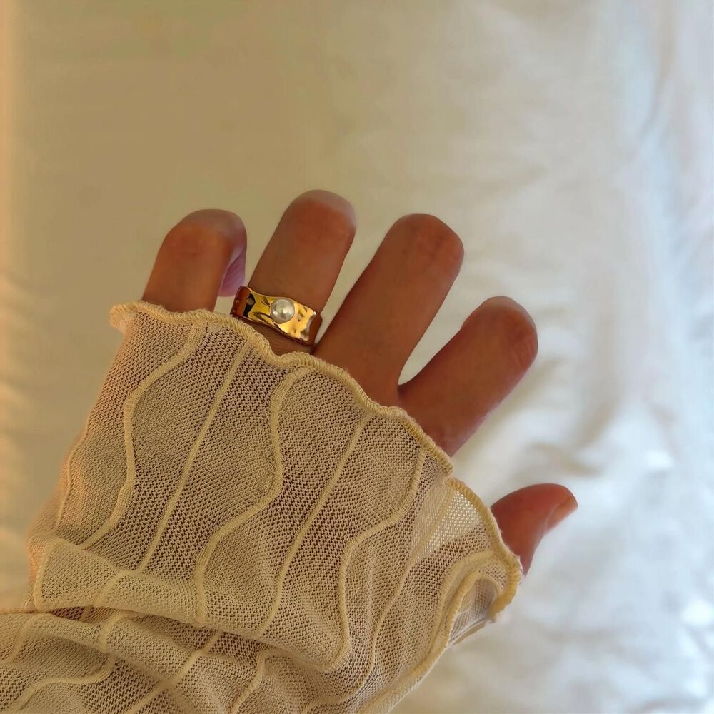 Gold Pearl Wide Band Statement Ring